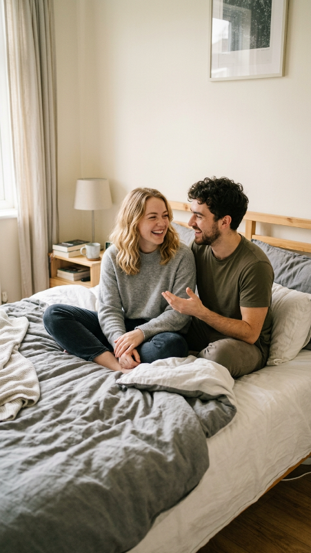 Create a realistic young couple sitting on bed and talking happily, soft indoor light, natural skin texture, simple clothes, realistic camera photo, no AI effect, no text, no watermark