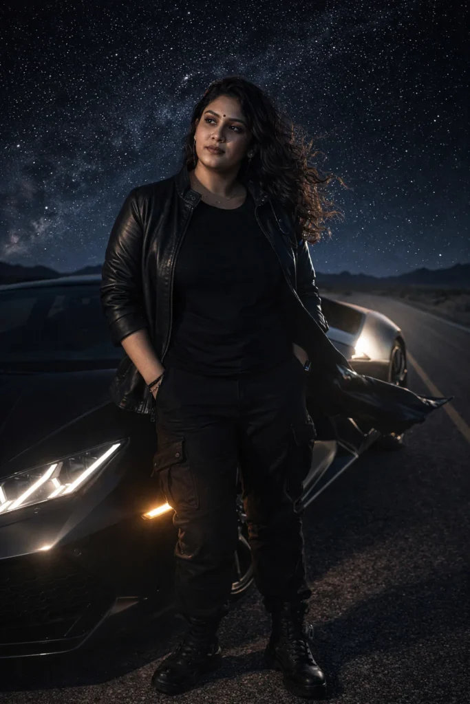 Create a powerful night-time portrait of [uploaded person] standing beside a matte black Lamborghini parked in an empty desert road. The sky is full of stars and the car headlights create dramatic light around him. [He/She] wears an all-black outfit: fitted black t-shirt, dark cargo pants, black leather jacket, and black boots. He looks slightly away from the camera with confidence. The desert road stretches endlessly behind him. Add realistic wind in the jacket, cinematic shadows, detailed reflections on the car, deep night colors, ultra-realistic skin and sharp clothing textures.
