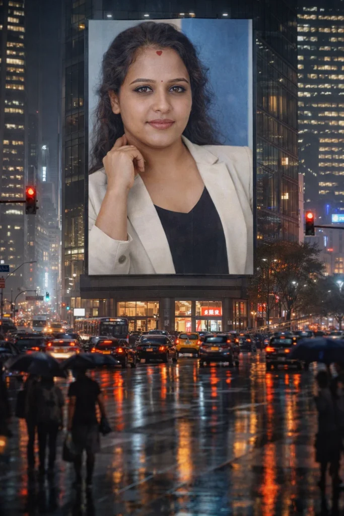 Create a realistic city scene where the uploaded person appears on a huge billboard in the middle of a busy modern street. Keep the face exactly the same as the uploaded image. The billboard should show [him/her] in a stylish pose wearing fashionable clothes. Add realistic city traffic, glowing lights, blurred people walking below, and reflections on the street after rain. The billboard should dominate the scene and feel cinematic and realistic.