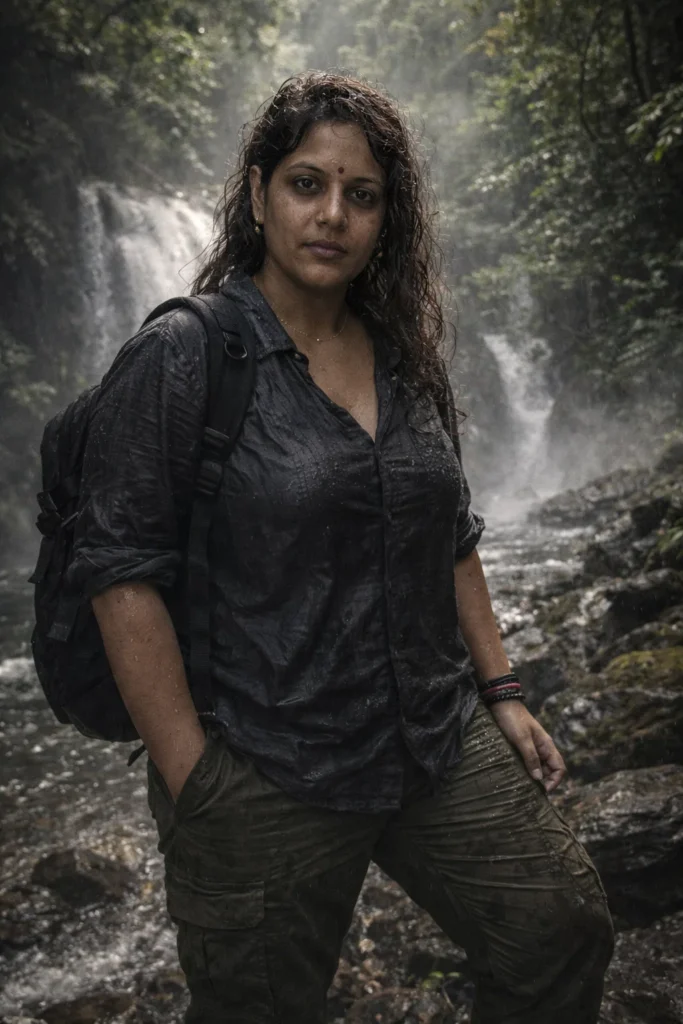 A cinematic outdoor portrait of [uploaded person] standing near a hidden waterfall deep inside a tropical forest. Water flows behind him over dark rocks while mist rises around the area. [He/She] wears a wet dark grey shirt with rolled sleeves, olive cargo pants, hiking boots, and a black backpack slung over one shoulder. His hair is slightly messy from the rain and he looks directly at the camera with a serious expression. The surrounding jungle is lush and detailed. Natural sunlight passes through the trees and reflects on the water. Hyper-realistic adventure photography, realistic wet clothing, detailed skin texture, cinematic jungle atmosphere.