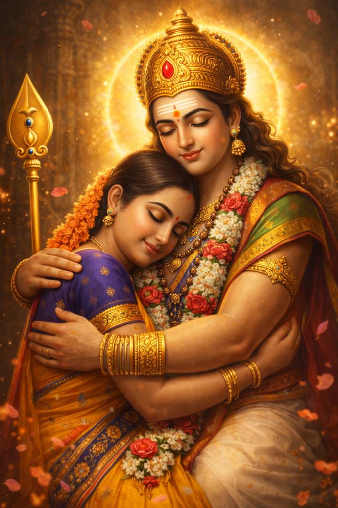 Lord Murugan lovingly hugging a woman, protective and divine emotion, woman closing eyes with peace, flower petals around, glowing aura, vel placed beside, highly emotional spiritual scene, realistic lighting
