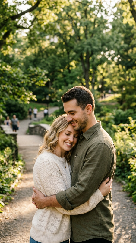 Create a realistic romantic couple hugging softly, outdoor park background, green trees, warm sunlight, cinematic photo, ultra realistic, DSLR camera, natural skin, no watermark, no text