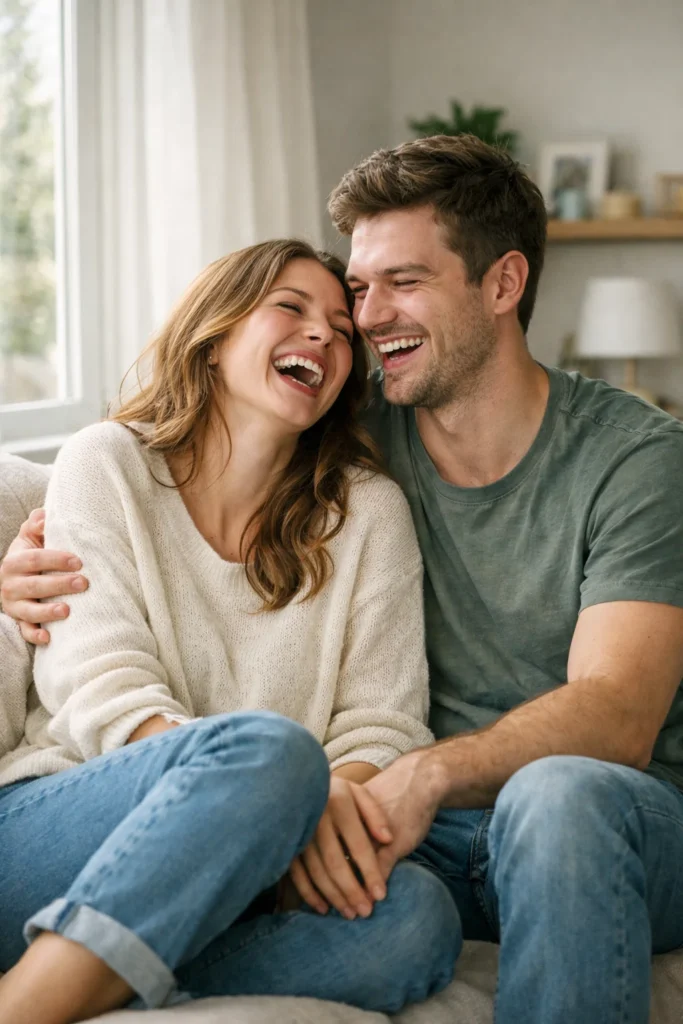 A young couple sitting together at home.
Window light.
Natural pose.
Laughing moment.
Realistic skin.
Lifestyle photography.
Soft colors.
Clean room background.
DSLR style.