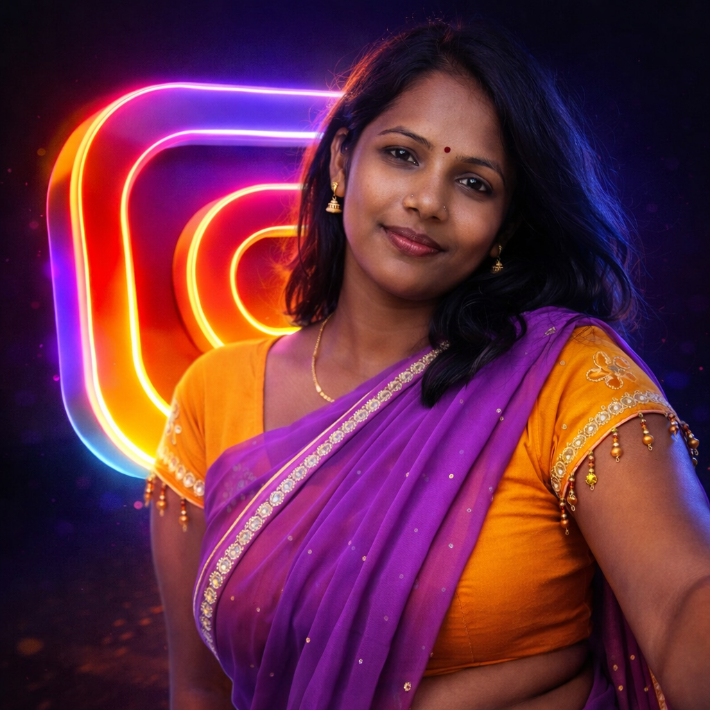 Edit this photo into a stylish Instagram profile picture, add glowing 3D Instagram logo behind the person, neon light effect, dark background, cinematic lighting, realistic face, high detail, modern social media style, ultra realistic, 4K.