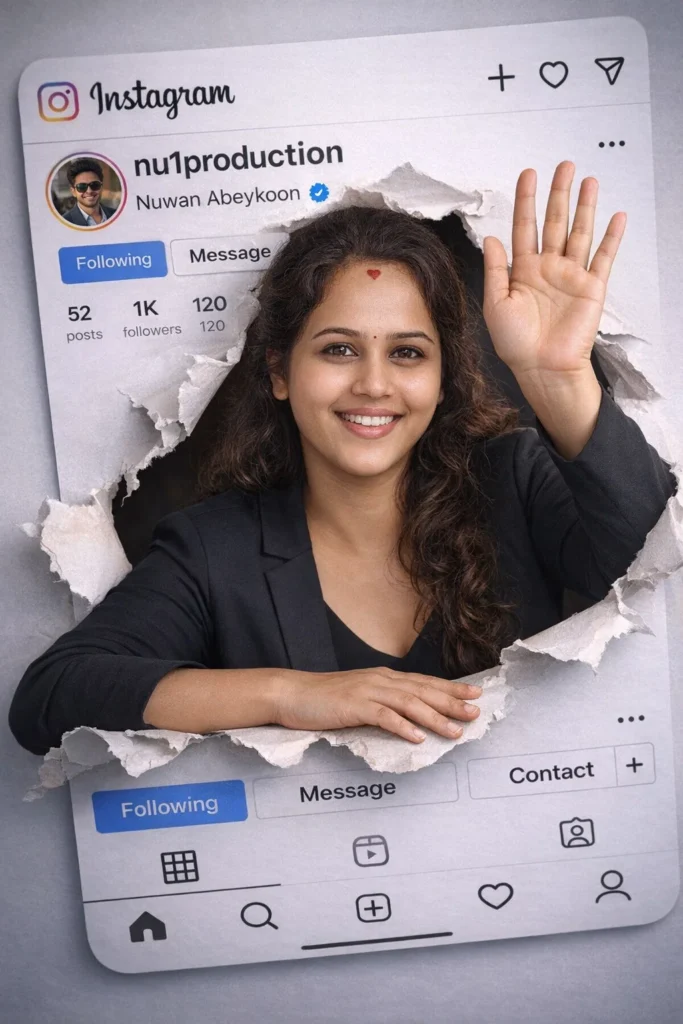 Create a hyper-realistic 3D image of the uploaded person appearing to tear through an Instagram profile page. The uploaded person is smiling and waving with one hand while leaning on the other arm through the ripped paper effect. [He/She] wears a stylish black outfit. The Instagram page should show the username “nu1production” and the profile name “Nuwan Abeykoon” with 1K followers. Add realistic Instagram interface elements, profile photo area, icons, and a partially torn paper frame around the person. The face must stay exactly the same as the uploaded image. Use realistic shadows, depth, paper folds, and dramatic 3D perspective.