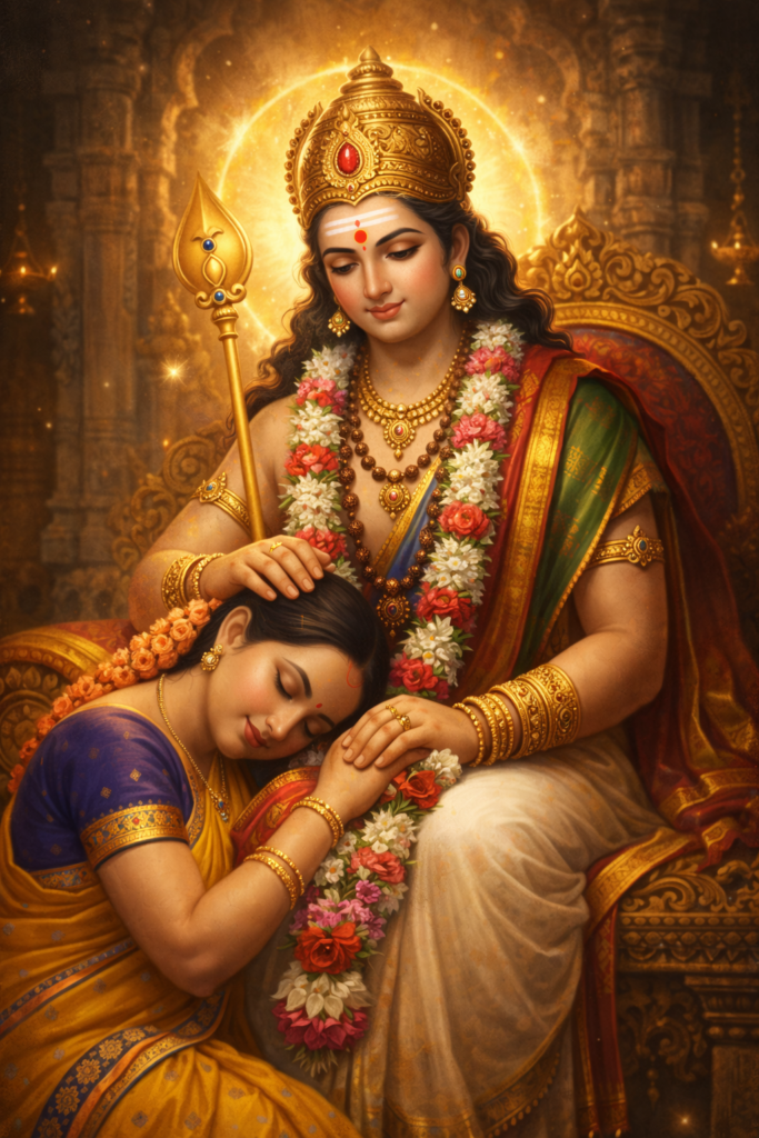 Lord Murugan sitting on a divine throne, a woman resting her head on his lap, Murugan gently stroking her head with compassion, calm divine expression, golden aura, soft lighting, emotional devotional scene, temple environment