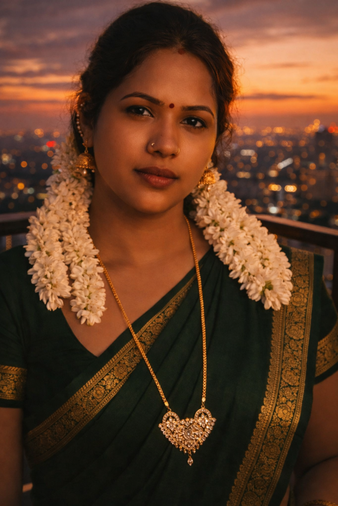 Change background to a high-rise balcony at evening time, sunset sky, city lights starting, cinematic orange lighting on face, realistic shadows, DSLR portrait style, ultra realistic texture, natural look.