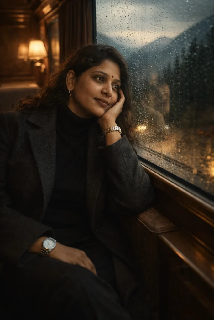 A cinematic portrait of [uploaded person] sitting alone inside an old luxury train cabin during rain. [He/She] sits beside a large window covered with raindrops, looking outside thoughtfully. He wears a dark turtleneck sweater, charcoal coat, fitted black trousers, and a silver wristwatch. The cabin has warm golden lights, vintage wooden walls, and soft reflections on the glass. Outside the window, blurred mountains and pine forests pass by. The image should feel emotional and expensive, with realistic reflections, natural face details, warm lighting, shallow depth of field, and a timeless cinematic look.