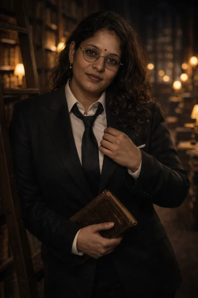 Create an elegant cinematic portrait of [uploaded person] inside a huge old library at midnight. Tall wooden bookshelves and dim golden lamps surround him. [He/She] stands near a ladder with one hand holding an old book and the other adjusting his black suit jacket. He wears a dark tailored suit, white shirt, loosened tie, and thin round glasses. The background is softly blurred but still shows rows of books and warm lights. The scene should feel mysterious, intelligent, and expensive. Add realistic facial details, subtle shadows, high-end editorial lighting, and realistic suit textures.