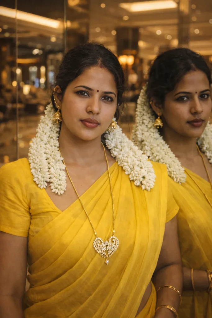 Edit this photo to look like it was taken in front of a large mirror wall inside a luxury hotel lobby, with realistic reflection, soft golden lights, DSLR depth of field, natural skin texture, no AI smoothness, cinematic photography style, 4K clarity.