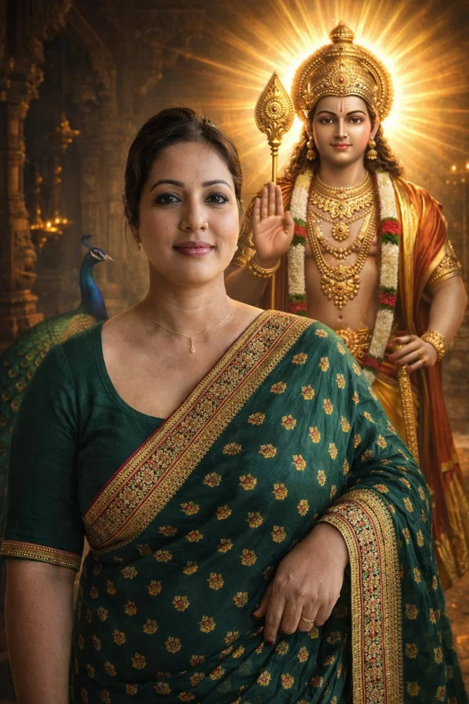 Use the uploaded photo as reference for the person face and pose.
Create a realistic devotional scene where Lord Murugan is standing behind the person giving blessing with right hand.
Murugan holding Vel, golden ornaments, divine light, temple background, peacock near Murugan, realistic photography, no cartoon, no text, no watermark, ultra realistic.