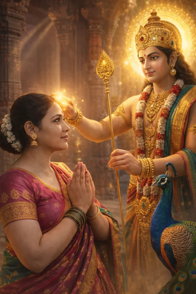 Use uploaded image as reference.
Create a devotional scene where Lord Murugan gives blessing to the person with divine light.
Temple background, peacock, Vel, golden ornaments, spiritual atmosphere, realistic photo, no text, no watermark.