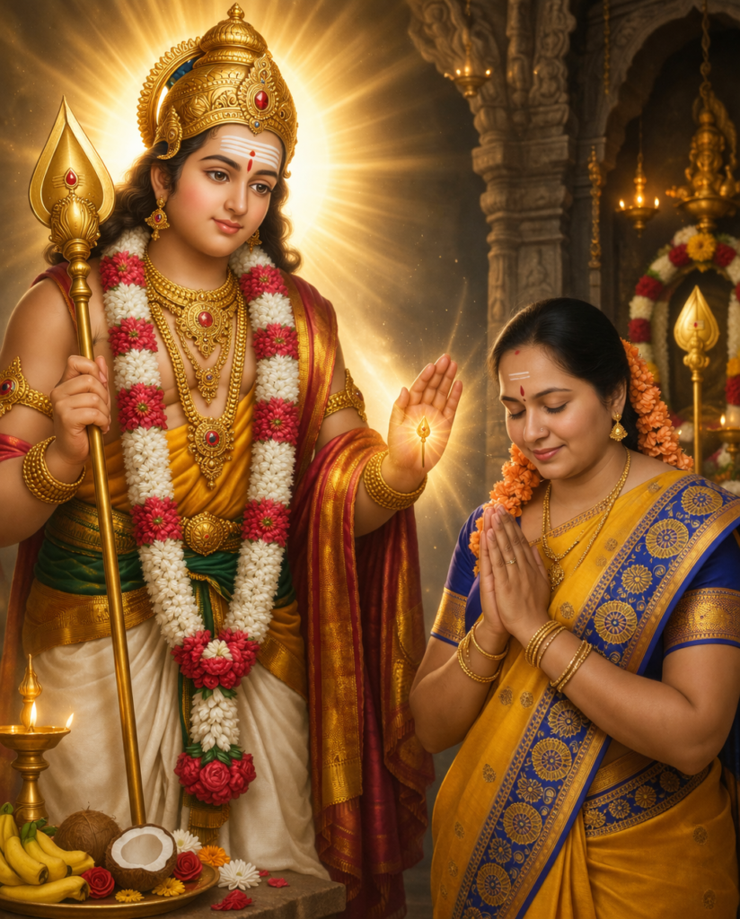 Lord Murugan standing beside a traditional Indian woman in saree, gently raising his right hand in blessing (abhaya mudra), soft golden divine glow, vel in left hand, flower garland, temple background, warm lighting, spiritual atmosphere, realistic devotional art