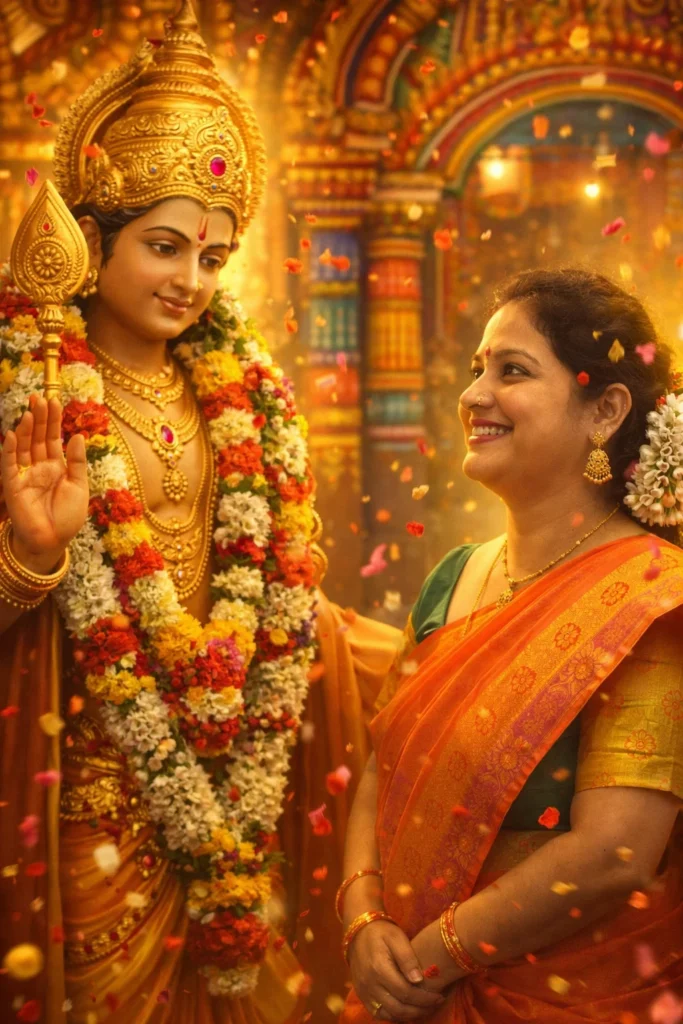 Lord Murugan wearing flower garlands, blessing a smiling woman, flower petals falling, colorful temple decorations, warm golden lighting, festive devotional mood