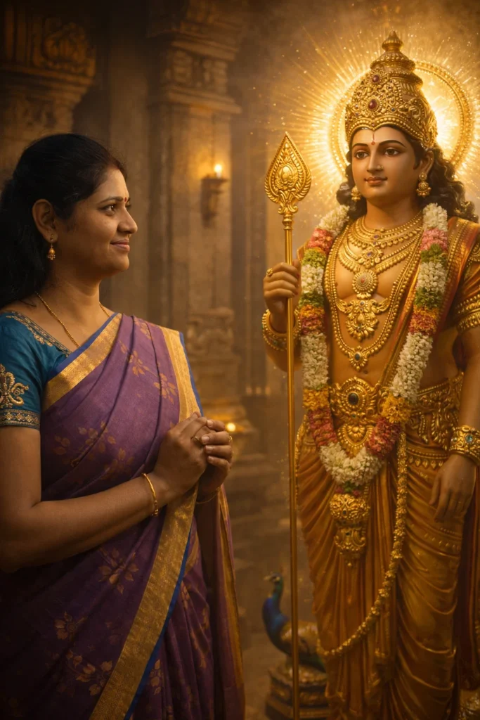 Use the uploaded photo as reference for the person.
Create a temple darshan scene where the person is standing near Murugan idol and Murugan appears in divine form.
Soft light, realistic temple, golden ornaments, devotional feeling, ultra realistic, no watermark.