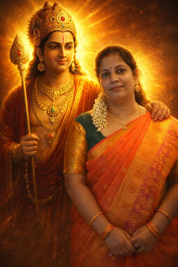 Lord Murugan placing his hand on the woman's shoulder, encouraging and protecting her, confident expression, glowing aura, vel in hand, dramatic lighting, inspirational devotional scene