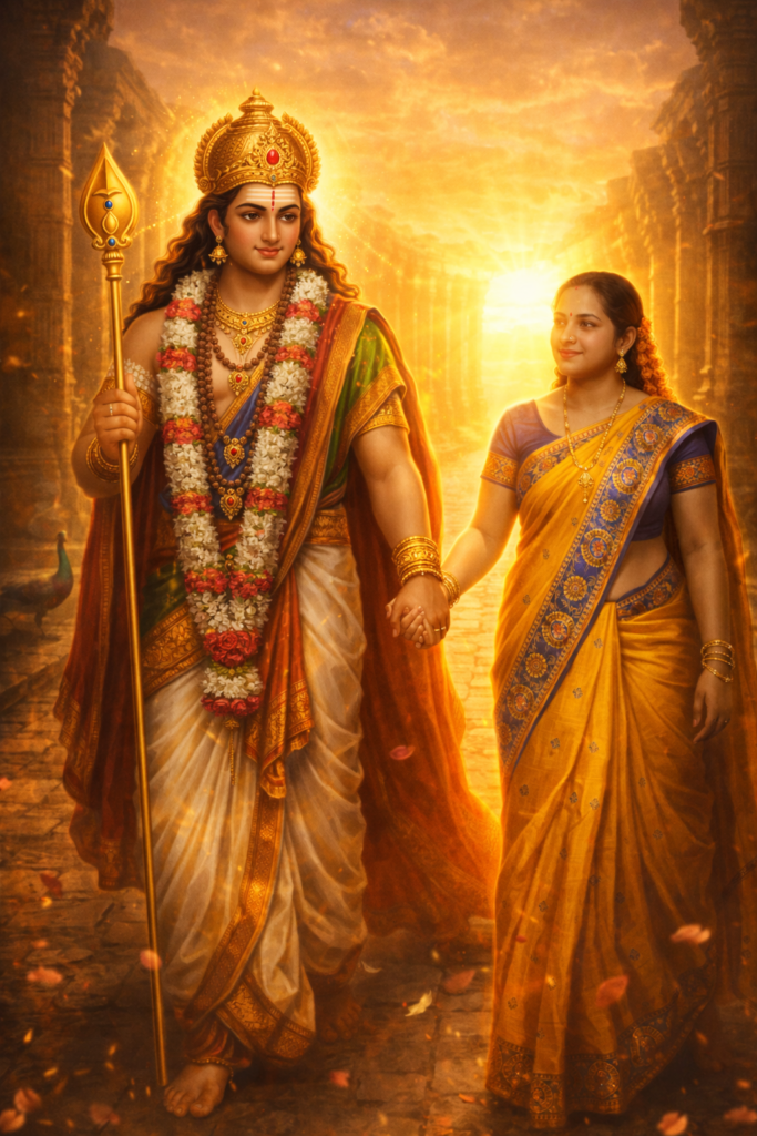 Lord Murugan holding the woman's hand and guiding her forward, temple path background, sunrise lighting, divine glow, vel in other hand, symbolic spiritual journey, cinematic devotional style