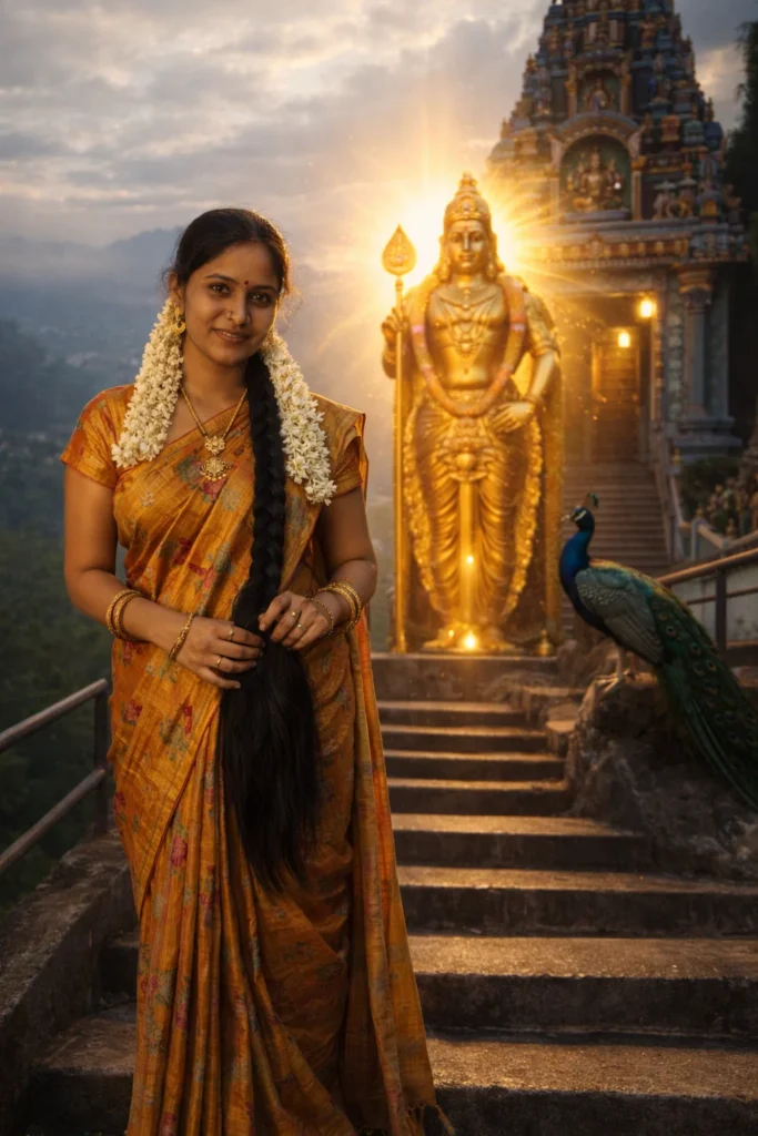 Use the uploaded image as reference for the person.
Create a scene where the person is standing on Murugan hill temple steps and Lord Murugan appears near the temple.
Divine light, Vel, peacock, realistic temple, cinematic lighting, no text, no watermark.