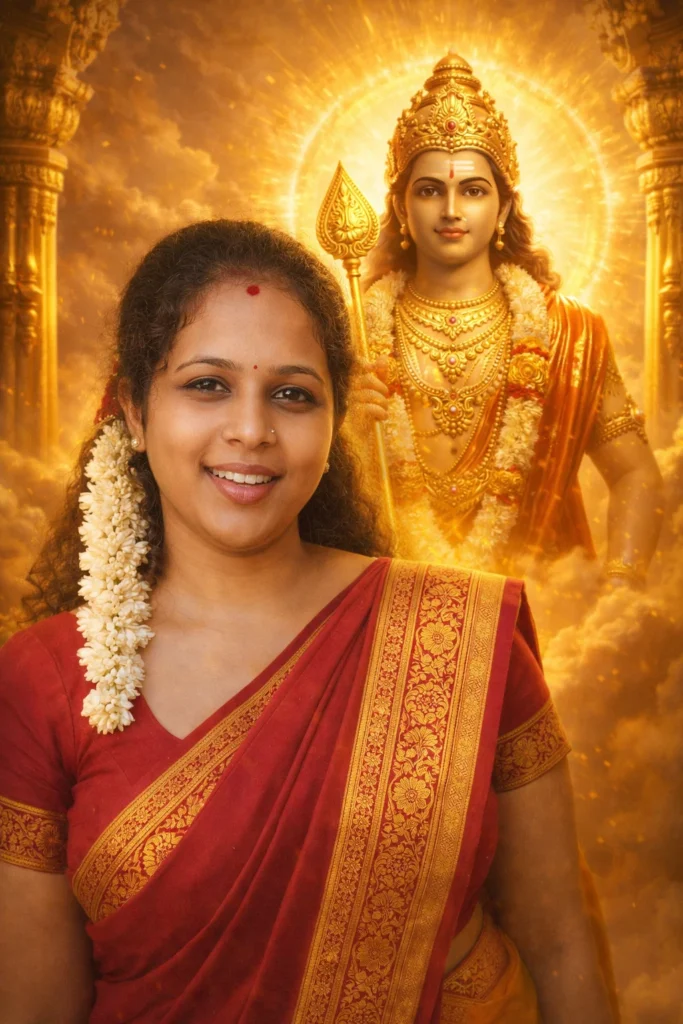 Use the uploaded photo as reference.
Create a divine glowing scene where Lord Murugan stands behind the person with bright aura and Vel.
Golden light, clouds, temple style, spiritual look, ultra realistic photography, no cartoon, no watermark.