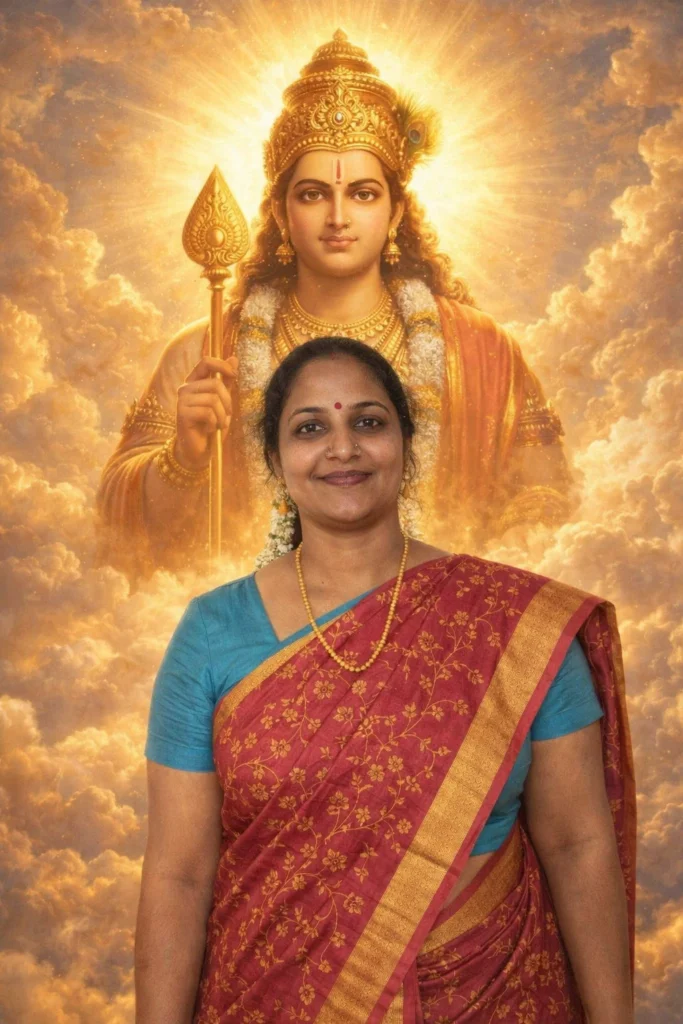 Use uploaded image as reference for the person.
Create a divine sky scene where Lord Murugan appears behind the person in glowing light.
Murugan holding Vel, bright aura, clouds, golden light, spiritual feeling, realistic style, no text, no watermark.