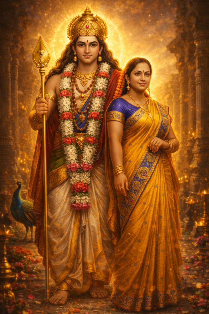 Lord Murugan standing beside the woman like a protector, strong divine posture, vel in hand, peacock near feet, woman looking confident, golden aura, powerful devotional scene