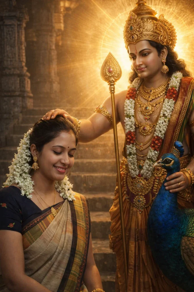 Use the uploaded photo as reference for the person face.
Create a devotional scene where Lord Murugan is touching the head of the person giving blessing.
Murugan with Vel, peacock, golden ornaments, glowing divine light, temple background, realistic photography, no cartoon, no watermark.
