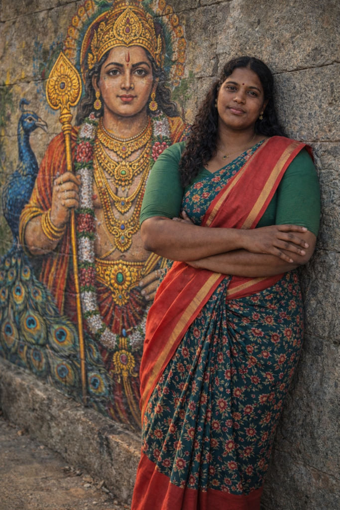 ULTRA REALISTIC PHOTO, ABSOLUTE FACE LOCK.PERSON LEANING AGAINST WALL.BEHIND HIM LARGE LORD MURUGAN WALL PAINTING WITH VEL AND PEACOCK.REALISTIC MURAL STYLE, NOT GLOWING.NATURAL LIGHT.DSLR PHOTO.NO AI STYLE.
