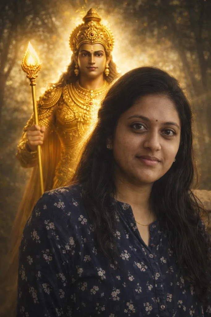Use uploaded photo as reference.
Create a powerful devotional scene where Lord Murugan stands behind the person in warrior form holding Vel.
Golden armor, divine glow, dramatic light, realistic photography, spiritual look, no cartoon, no text.