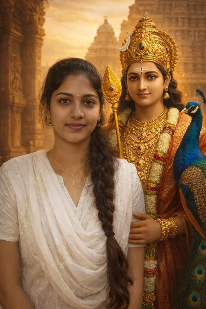 Use the uploaded photo as reference.
Create a realistic devotional image where Lord Murugan stands near the person with peacock beside him.
Murugan wearing traditional ornaments, Vel in hand, temple background, warm light, ultra realistic, no cartoon, no watermark.