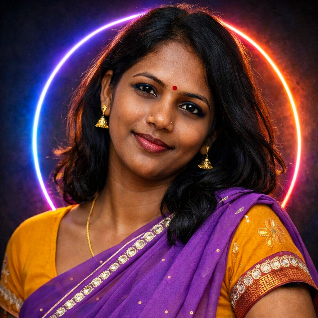 Make this photo into profile picture with neon circle light behind head, dark aesthetic background, colorful glow, sharp face, realistic skin texture, modern Instagram DP style, ultra HD.