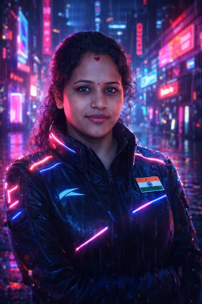Create a cinematic cyberpunk portrait of the uploaded person standing in a rainy neon-lit street at night. Keep the same face, hairstyle, and identity from the uploaded image. [He/She] wears a black futuristic jacket with glowing neon details. Bright pink, blue, and purple lights reflect on the wet street and on [his/her] face. Add blurred neon signs, futuristic buildings, and cinematic rain. The image should feel stylish, futuristic, and highly detailed.
