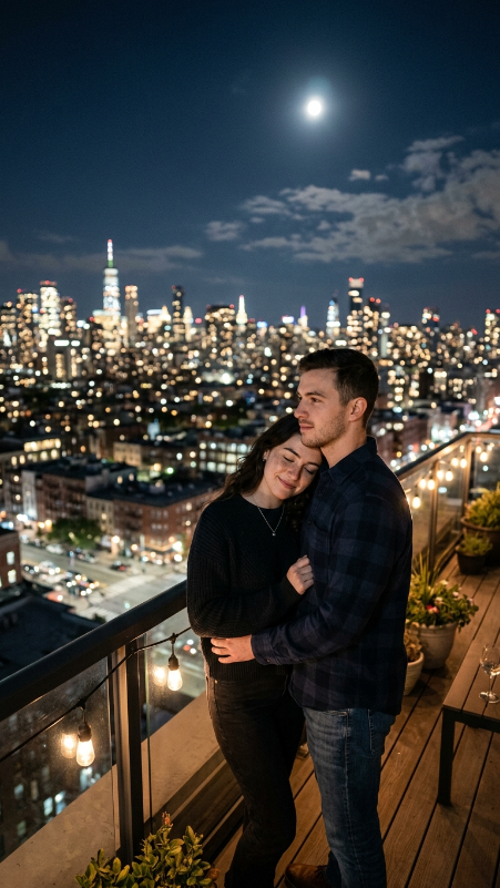 Create a realistic couple standing on terrace at night, moonlight, city lights background, girl resting head on boy shoulder, soft cinematic lighting, DSLR photography, ultra realistic, natural skin, no watermark