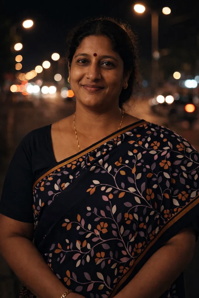 Make this photo look like taken at night street with real street lights, natural glow, slight noise, cinematic color tone, realistic lighting physics, sharp subject, blurred background.