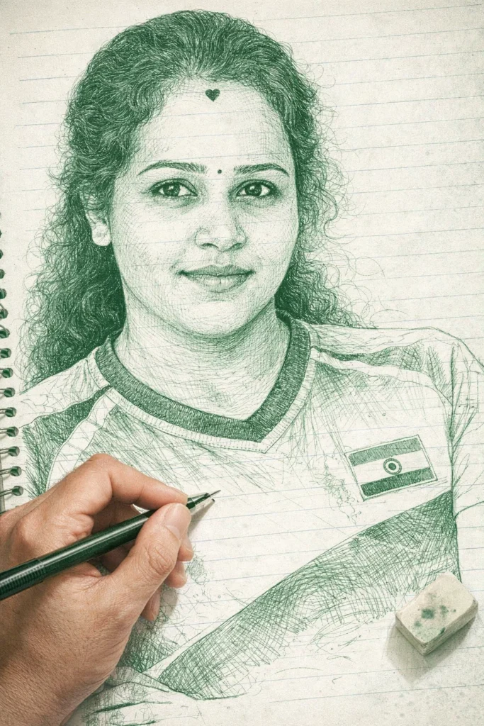 Create a photo-style line drawing and ink sketch of the uploaded person. Keep every facial feature, expression, hairstyle, and proportion exactly the same as the uploaded image. Draw the portrait using only green and white ink tones with extremely intricate fine-line detailing. The drawing should appear on a slightly messy notebook-page background with visible paper texture and light notebook lines. Add a realistic right hand holding a pen and an eraser near the sketch, as if an artist is still working on it. Keep the sketch partially complete with a few unfinished areas for realism. High-detail pen strokes, realistic shading, realistic notebook paper, artistic and hand-drawn appearance.