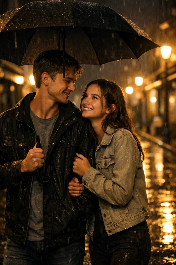 Create a realistic romantic photo of a young couple standing in light rain on a small street at night, the boy holding an umbrella while the girl holds his arm and smiles, wet road reflections, soft yellow street lights, cinematic lighting, DSLR photo, ultra realistic, natural skin, no text, no watermark