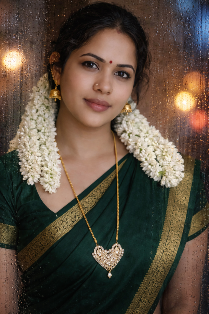 Transform this photo as if taken behind a rainy glass window, water drops visible on glass, blurred city lights outside, soft focus background, sharp face detail, realistic lighting, natural skin pores, professional camera shot.