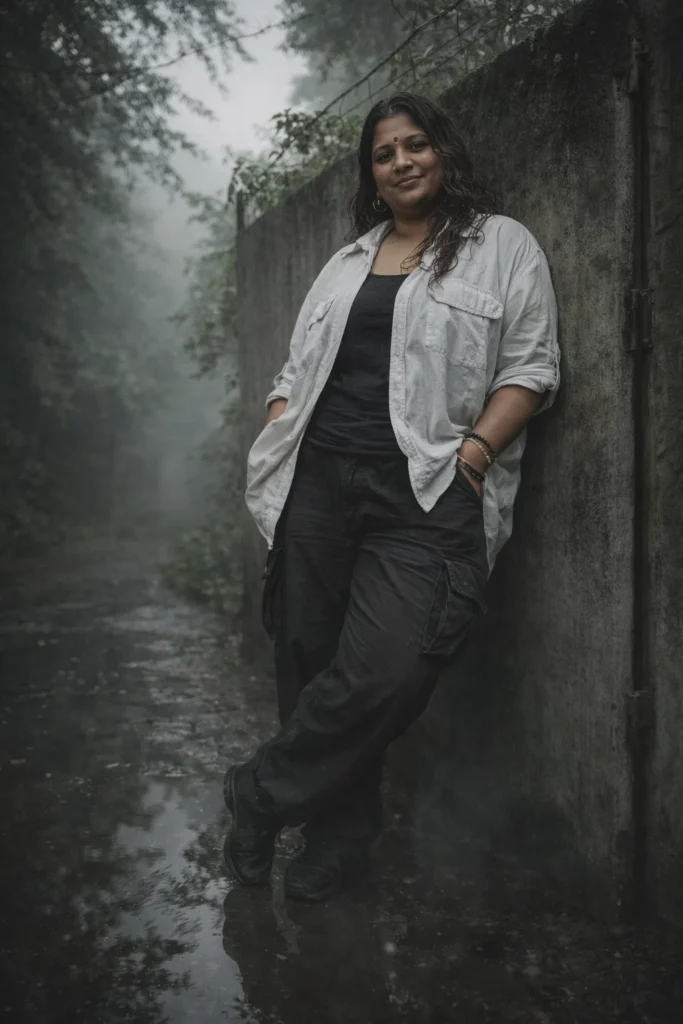 A cinematic ultrawide low-angle portrait of [uploaded person] standing in the exact same outdoor environment, leaning casually against a tall weathered concrete gate surrounded by overgrown green branches and rusted barbed wire above. The ground is wet from recent rain, reflecting soft light and the silhouette of [him/her]. [He/She] wears a slightly oversized white cargo shirt with the sleeves rolled up, left open over a dark inner shirt, paired with loose black baggy cargo pants and dark sneakers. Keep a misty forest pathway in the distance with a dreamy, moody atmosphere. Natural fog drifts around his legs. Realistic wet hair, natural skin texture, DSLR-quality photography, soft cinematic contrast, 35mm lens, no AI look, no plastic skin, highly detailed clothing folds.