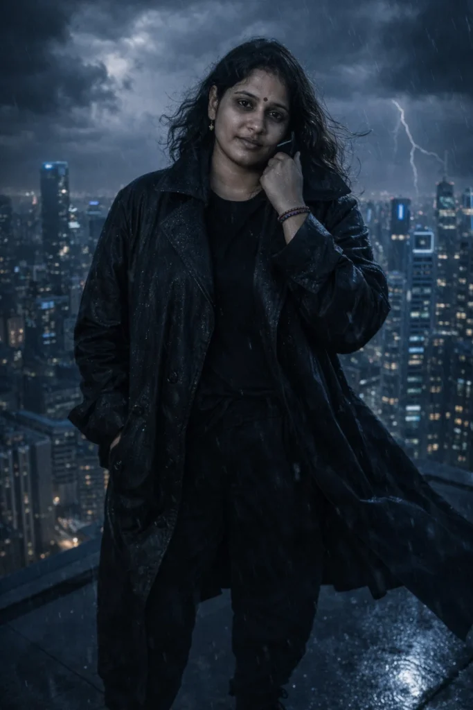 A dramatic rooftop portrait of [uploaded person] standing on the edge of a tall building overlooking a modern city at night just before a thunderstorm. Dark clouds fill the sky while blue neon lights reflect from nearby skyscrapers. [He/She] wears a black oversized trench coat over a plain dark shirt, loose-fit trousers, and black boots. His hair moves slightly in the wind. One hand is in his pocket while the other holds the coat collar. Add distant lightning in the background and rain beginning to fall. Cinematic blue and grey tones, ultra-realistic wet fabric, realistic skin pores, moody atmosphere, sharp focus on the man.