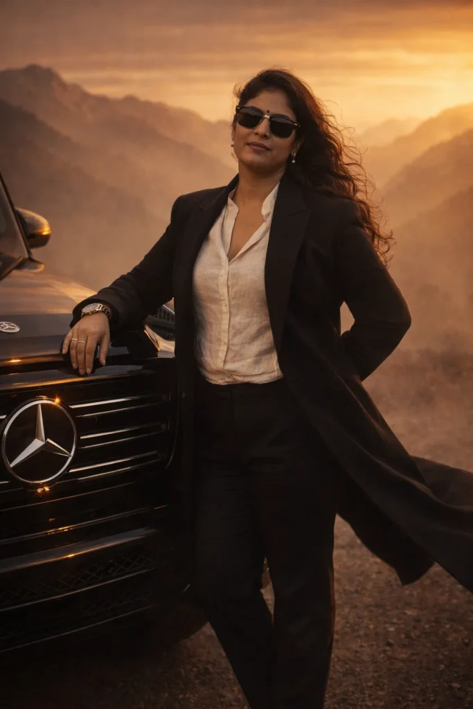 Create a hyper-realistic cinematic portrait of [uploaded person] standing beside a glossy black Mercedes G-Wagon in front of misty golden mountains during sunset. [He/She] stands with royal confidence: one hand resting on the hood of the car, the other placed behind his back. He wears tailored black trousers, polished black shoes, a long black frock coat flowing in the wind, and a slightly unbuttoned off-white linen shirt underneath. Add modern rectangle sunglasses and a luxurious watch. The orange dusk light reflects softly on the car and highlights his silhouette. The atmosphere should feel like a modern king reborn in today's world. High-end editorial photography, shallow depth of field, ultra-realistic skin and clothing, cinematic luxury mood.