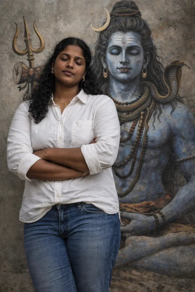 ULTRA REALISTIC CINEMATIC PHOTO, ABSOLUTE FACE LOCK FROM UPLOADED IMAGE.
FULL BODY PHOTO OF PERSON LEANING ON A WALL, EYES CLOSED, ARMS CROSSED, PEACEFUL EXPRESSION.
BEHIND HIM A MASSIVE REALISTIC LORD SHIVA WALL MURAL, BLUE SKIN, TRISHUL, DAMRU, COBRA, REAL PAINTED WALL, NOT GLOWING.
WARDROBE: WHITE SHIRT, BLUE JEANS, NATURAL CLOTH TEXTURE.
LIGHTING: NATURAL DAYLIGHT, SOFT SHADOWS.
CAMERA: DSLR, WIDE LENS, CINEMATIC.
STYLE: REAL PHOTO ONLY.