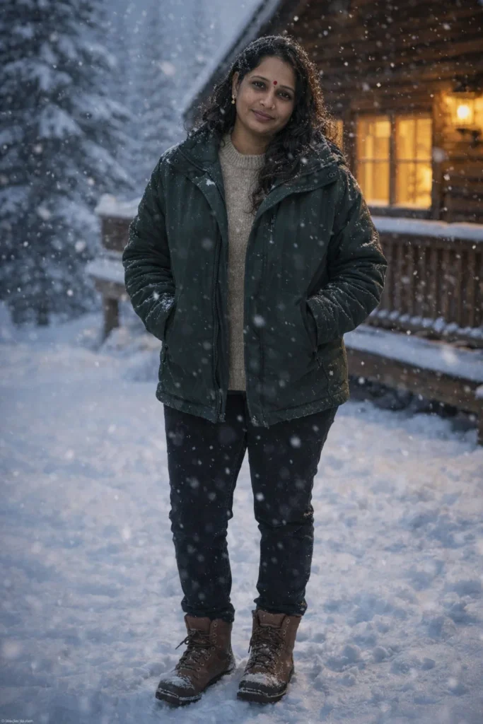 A realistic winter portrait of [uploaded person] standing outside a wooden mountain lodge while snow falls around him. [He/She] wears a thick dark green winter jacket layered over a beige sweater, black jeans, and brown winter boots. His hands are inside his pockets while he looks calmly toward the camera. Warm yellow lights glow from the cabin windows behind him. Pine trees covered in snow fill the background. The atmosphere should feel peaceful, cinematic, and realistic with detailed snowflakes, cold breath visible in the air, natural lighting, and soft depth of field.