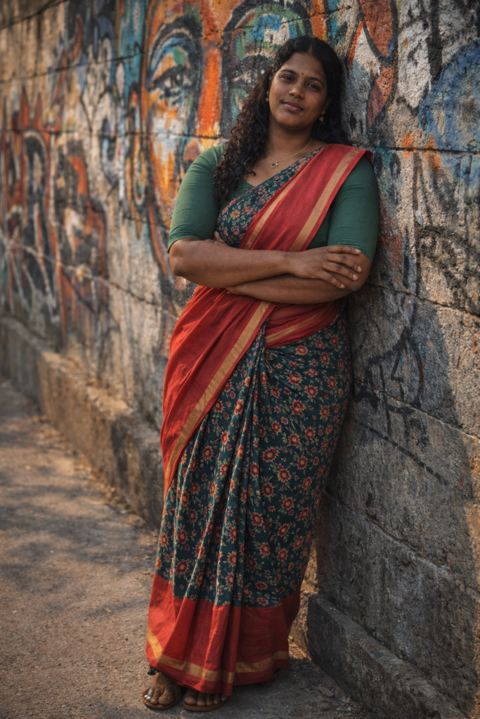 ULTRA-REALISTIC CINEMATIC DSLR PHOTOGRAPH.
ABSOLUTE FACE LOCK USING THE UPLOADED REFERENCE IMAGE AS THE ONLY IDENTITY SOURCE.
THE FACE MUST REMAIN EXACTLY THE SAME — SAME BONE STRUCTURE, SAME SKIN TEXTURE, SAME AGE, SAME EXPRESSION, SAME HAIRLINE, SAME NOSE, SAME EYES, SAME NATURAL DETAILS.
NO BEAUTIFICATION. NO AI FACE CHANGE. NO SMOOTHING. NO SYMMETRY FIX. NO FILTER LOOK.
FULL BODY WIDE-ANGLE REALISTIC PHOTO OF THE SAME WOMAN LEANING AGAINST A REAL STREET WALL.
BODY SLIGHTLY SIDE TURNED, ARMS CROSSED, RELAXED NATURAL STANCE, CONFIDENT CALM EXPRESSION.
SHE IS STANDING AND LEANING ON A CONCRETE STREET WALL.
BACKGROUND:
REAL URBAN STREET WALL WITH BIG COLORFUL GRAFFITI PAINTING, REAL TEXTURE, REAL SCRATCHES, REAL DIRT, REAL PAINT LAYERS.
NOT STUDIO. NOT CLEAN WALL. MUST LOOK LIKE REAL STREET LOCATION.
LIGHTING:
NATURAL EVENING SUNLIGHT, SIDE LIGHT, REAL SHADOW FALLING ON WALL, CINEMATIC CONTRAST, DSLR DEPTH OF FIELD, PHOTOREALISTIC.
CLOTHING:
TRADITIONAL SAREE STYLE, SAME TYPE AS REFERENCE, BUT DESIGN CAN CHANGE.
KEEP REAL FABRIC LOOK, NO SHINY AI CLOTH.
REALISTIC COTTON / SILK TEXTURE.
CAMERA:
FULL BODY FRAME
50mm DSLR
SHALLOW DEPTH OF FIELD
HIGH DETAIL SKIN
NATURAL COLORS
REAL SHADOW
REAL LIGHT
CINEMATIC STREET PHOTO
STYLE:
PHOTOREALISTIC
INDIAN STREET PORTRAIT
NO AI LOOK
NO CGI
NO PAINTING
NO CARTOON