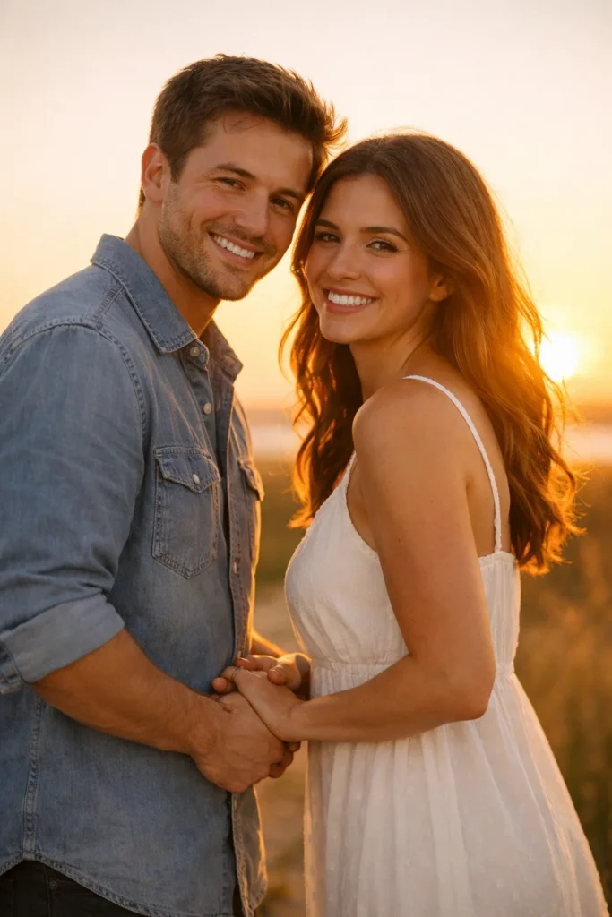 A romantic couple standing at sunset.
Soft golden light.
Holding hands.
Natural smile.
Realistic photography.
Warm tones.
Shallow depth of field.
DSLR camera look.
Clean background.