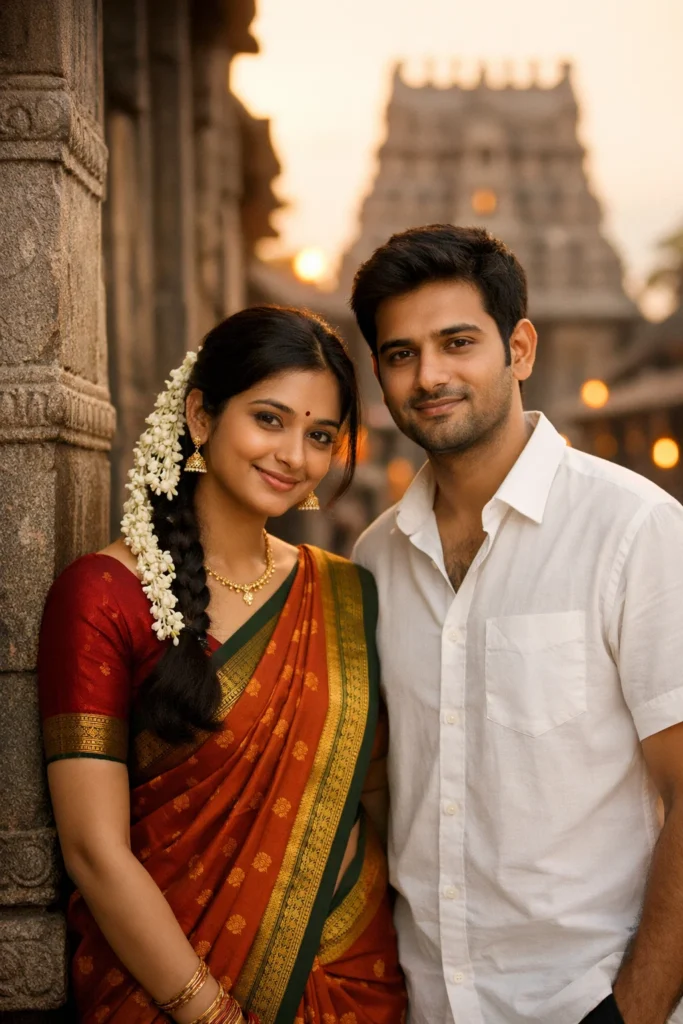 Create a realistic Indian couple standing near a temple entrance, the girl wearing traditional saree and jasmine flowers, the boy wearing simple white shirt, both smiling softly, evening light, natural colors, realistic photography, DSLR quality, no watermark, no text