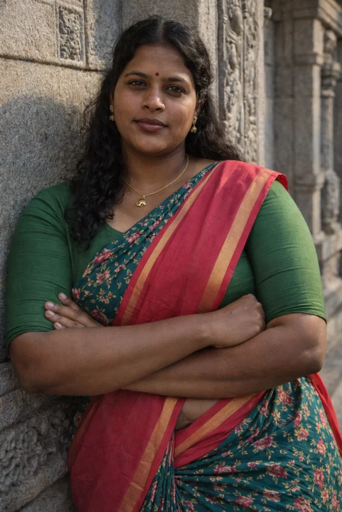ABSOLUTE FACE LOCK USING UPLOADED IMAGE.
PERSON LEANING AGAINST TEMPLE WALL, RELAXED BODY, ARMS CROSSED.
BACKGROUND: SOUTH INDIAN TEMPLE STONE WALL, CARVINGS, REAL TEXTURE.
LIGHTING: MORNING SUNLIGHT.
REALISTIC PHOTO, DSLR, NO AI LOOK.