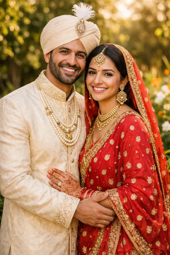 A couple wearing traditional dress.
Standing in garden.
Soft sunlight.
Happy smile.
Natural pose.
Realistic skin texture.
DSLR portrait.
Warm colors.
Clean background.
