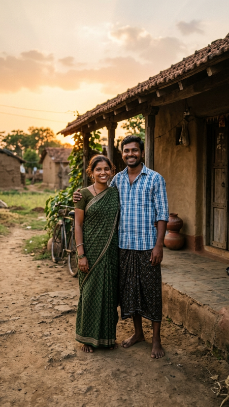 Create a realistic Indian village couple standing near small house, girl wearing simple cotton saree, boy wearing shirt and lungi, both smiling naturally, evening sunlight, realistic camera photo, natural skin, no text, no watermark