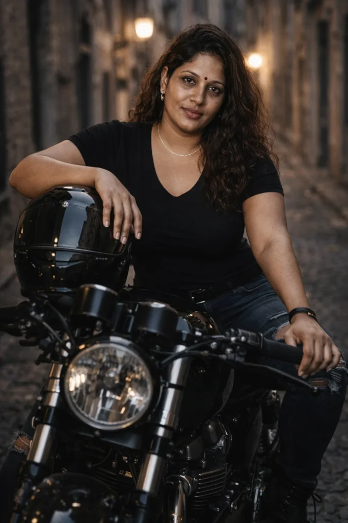 Create a cinematic fashion editorial portrait of [uploaded person] sitting confidently on a modern café racer motorcycle in an old European alleyway. [He/She] wears a fitted black short-sleeve shirt, ripped dark blue jeans, leather boots, and a thin silver chain. One arm rests on a glossy black motorcycle helmet placed on the fuel tank. The background shows blurred old stone walls and narrow streets with warm vintage lighting. Add strong shadows, realistic leather and metal textures, 50mm lens photography, high contrast, soft background blur, and an expensive magazine-style appearance.
