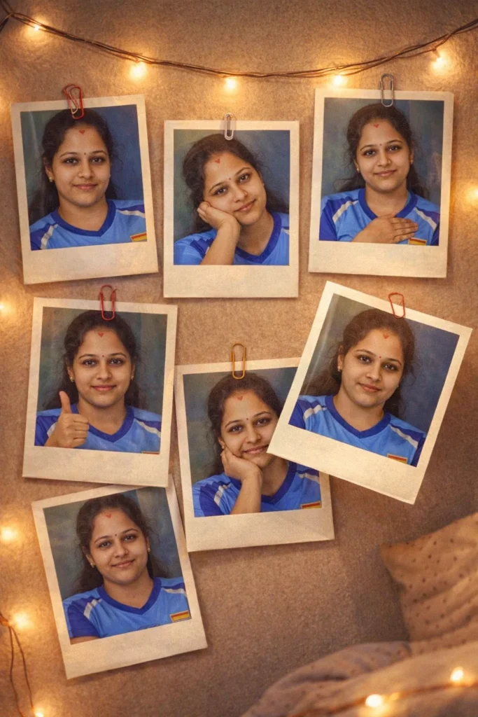 Create an artistic image showing several Polaroid photos pinned to a wall. Every Polaroid should contain the uploaded person in different poses and expressions, but the face must remain identical to the uploaded image. Add string lights, paper clips, shadows, and a cozy bedroom wall background. One Polaroid should appear slightly lifted from the wall in a realistic 3D effect. Soft warm lighting, nostalgic atmosphere, realistic paper texture.
