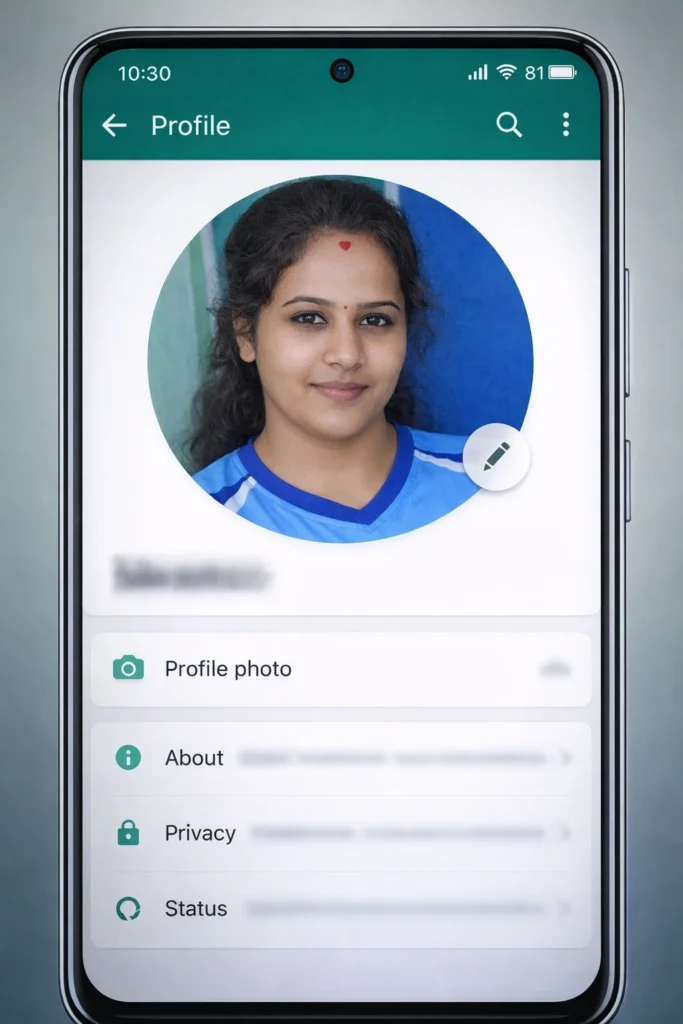 Create a realistic smartphone screenshot-style image showing the uploaded person inside a WhatsApp profile page interface. The face and identity must remain exactly the same as the uploaded image. Show a profile picture at the top with the uploaded face, and below it add blurred menu items such as โProfile picture,โ โAbout,โ โPrivacy,โ and โStatus.โ Use a clean modern WhatsApp-style layout with green and white colors. Add subtle shadows and realistic phone screen reflections. The person should appear slightly larger than the profile frame as if breaking out from the interface in a stylish 3D effect.